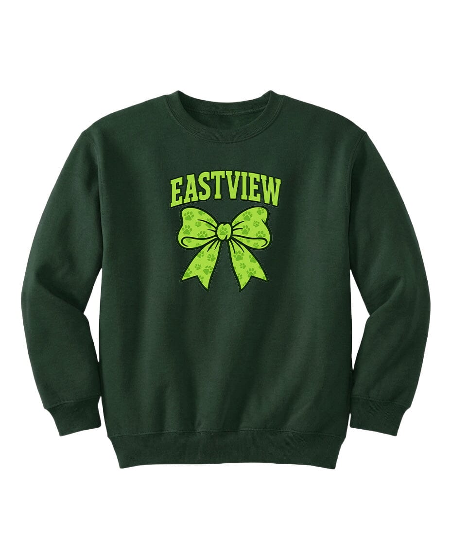 A dark green sweatshirt with a large green bow and the word "EASTVIEW" printed on it.