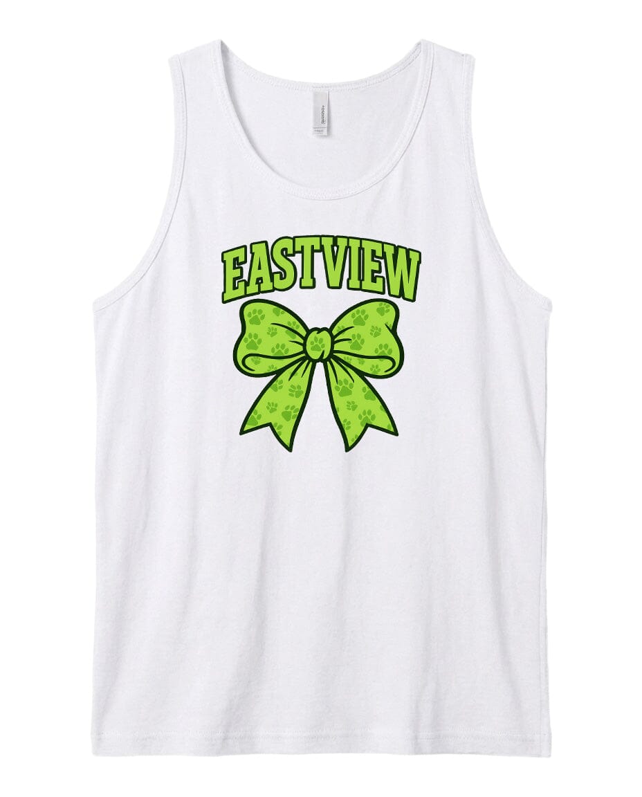 A white tank top with a green bow and the text "EASTVIEW" printed on it.