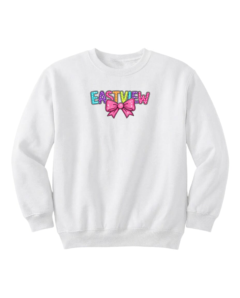 A white sweatshirt with the word "EASTVIEW" printed on it, along with a pink bow.