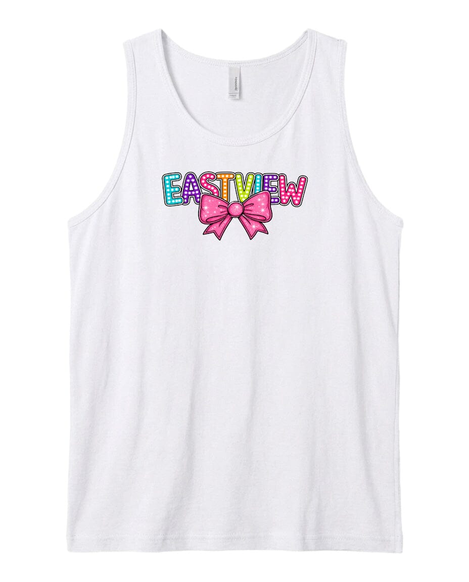A white tank top with a colorful bow and the word "EASTVIEW" printed on it.