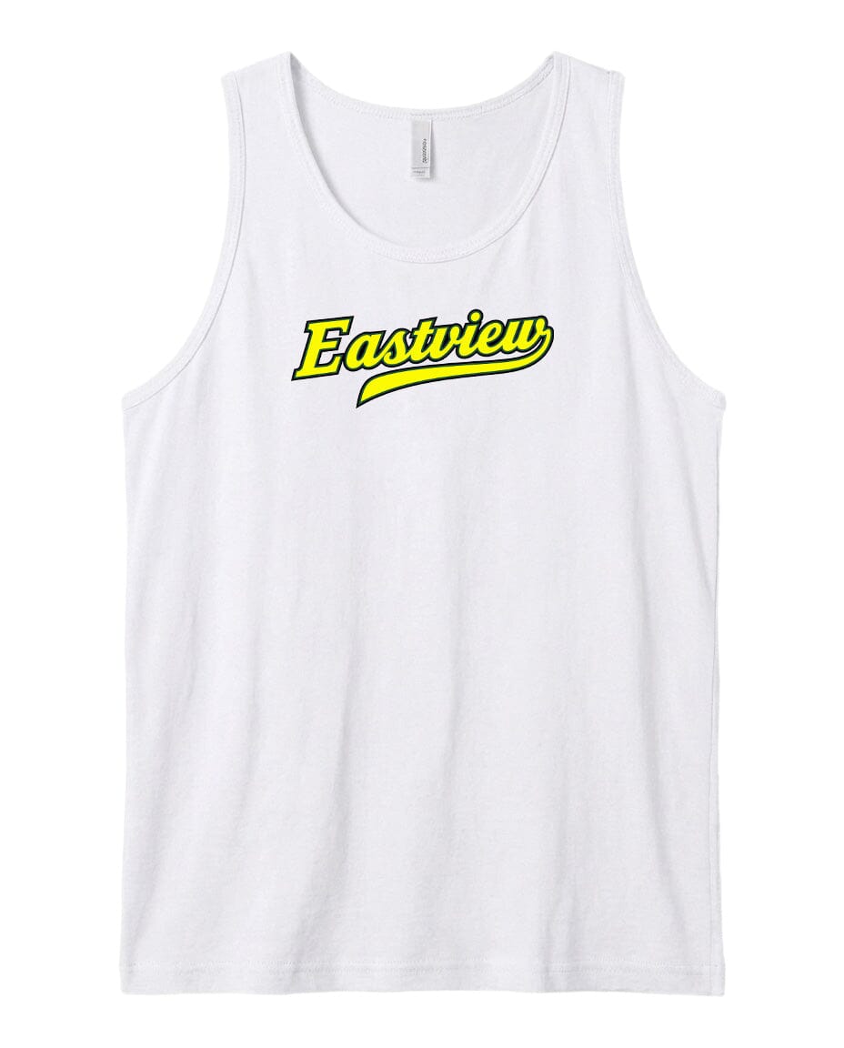 A white tank top with the word "Eastview" printed in yellow on it.