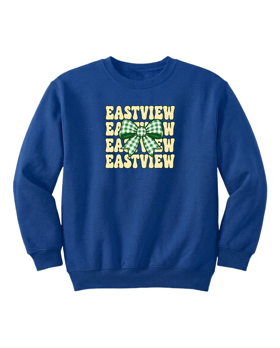 A blue sweatshirt with a graphic design featuring the text "EASTVIEW" repeated in a vertical pattern.
