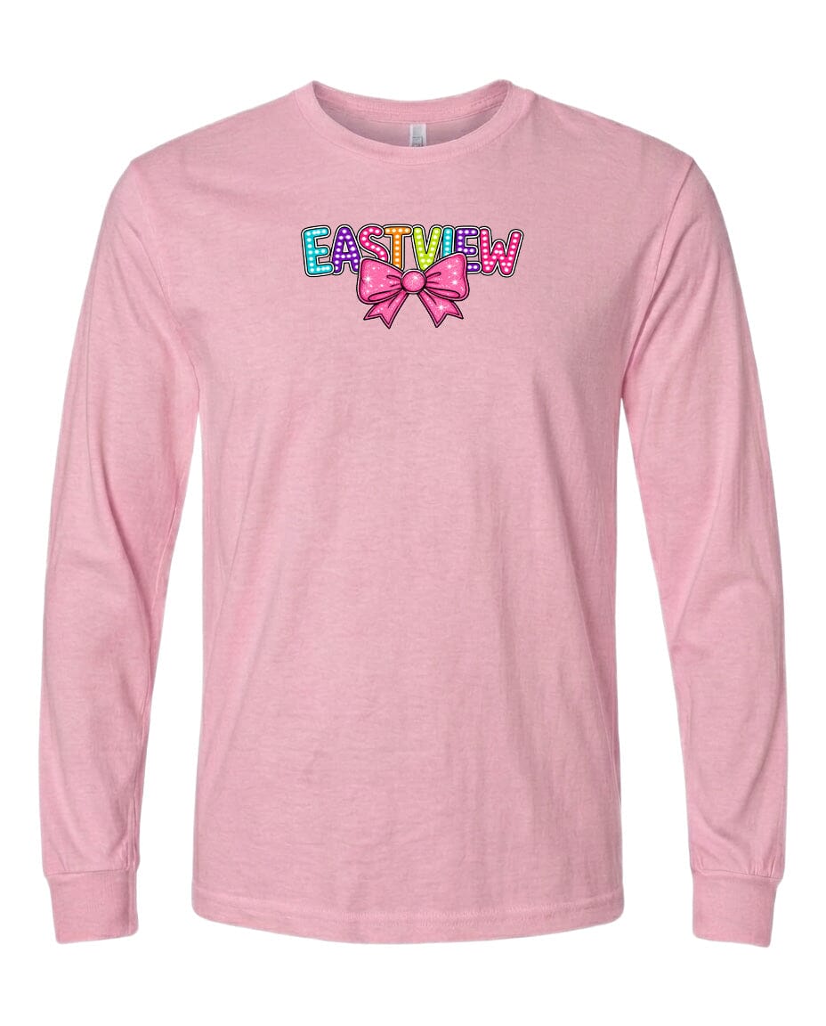A pink long-sleeved t-shirt with the text "EASTVIEW" printed on it.