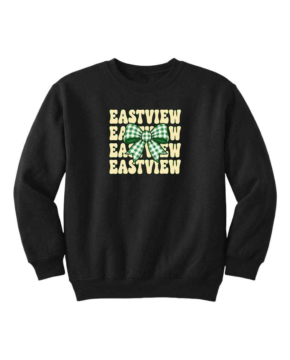 A black sweatshirt with a graphic design featuring the text "EASTVIEW" repeated in a vertical orientation, with a green and white bow in the center.
