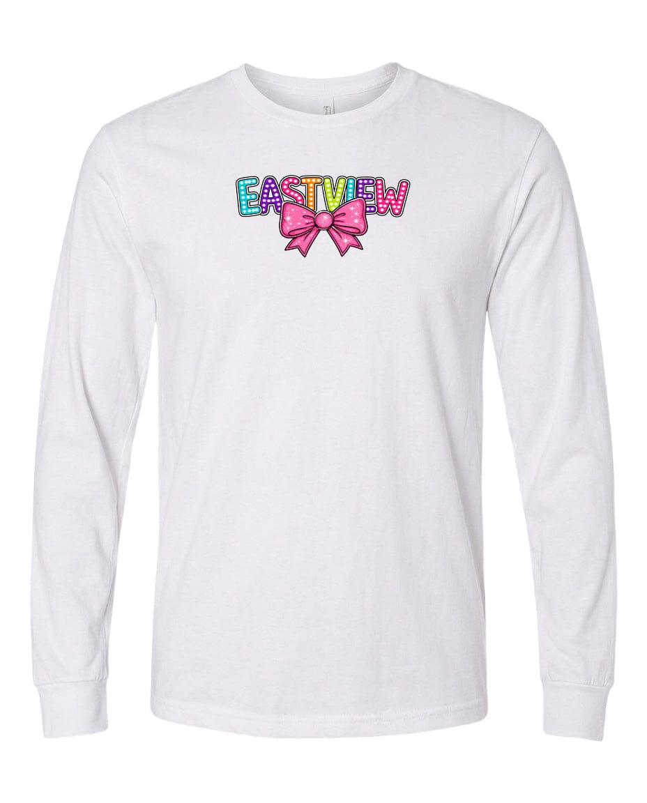 A white long-sleeved t-shirt with a colorful graphic design on the front.
