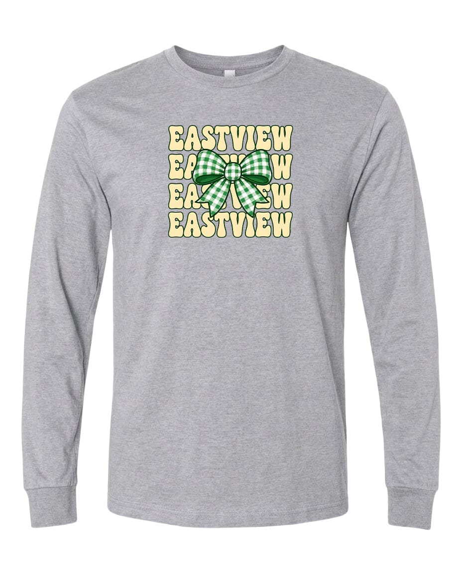 A gray long-sleeved t-shirt with a graphic design featuring a green and white bow and the text "EASTVIEW" repeated multiple times in a vertical arrangement.