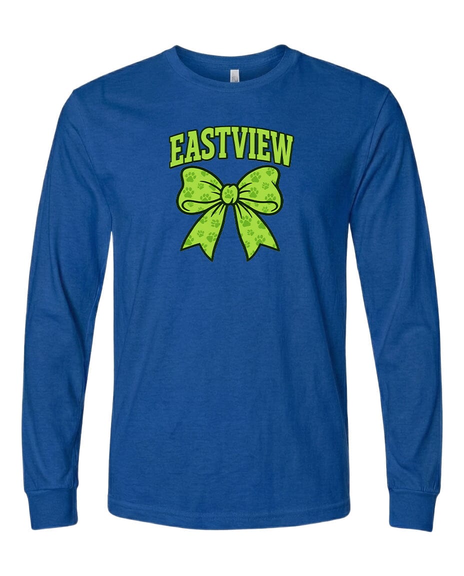 A blue long-sleeved t-shirt with a graphic design of a green bow on the front.