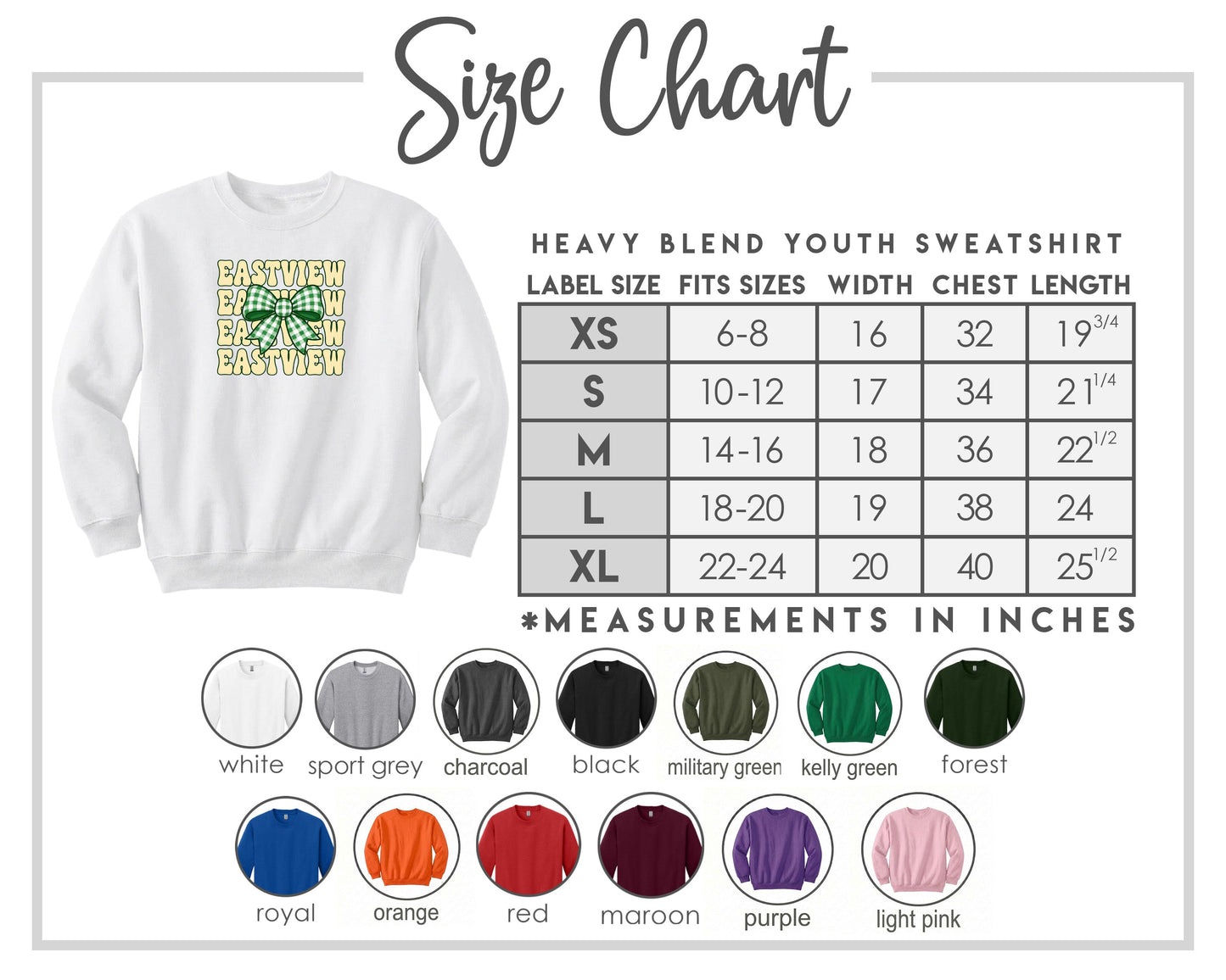 The image is a size chart for a heavy blend youth sweatshirt, including various color options and corresponding measurements in inches.
