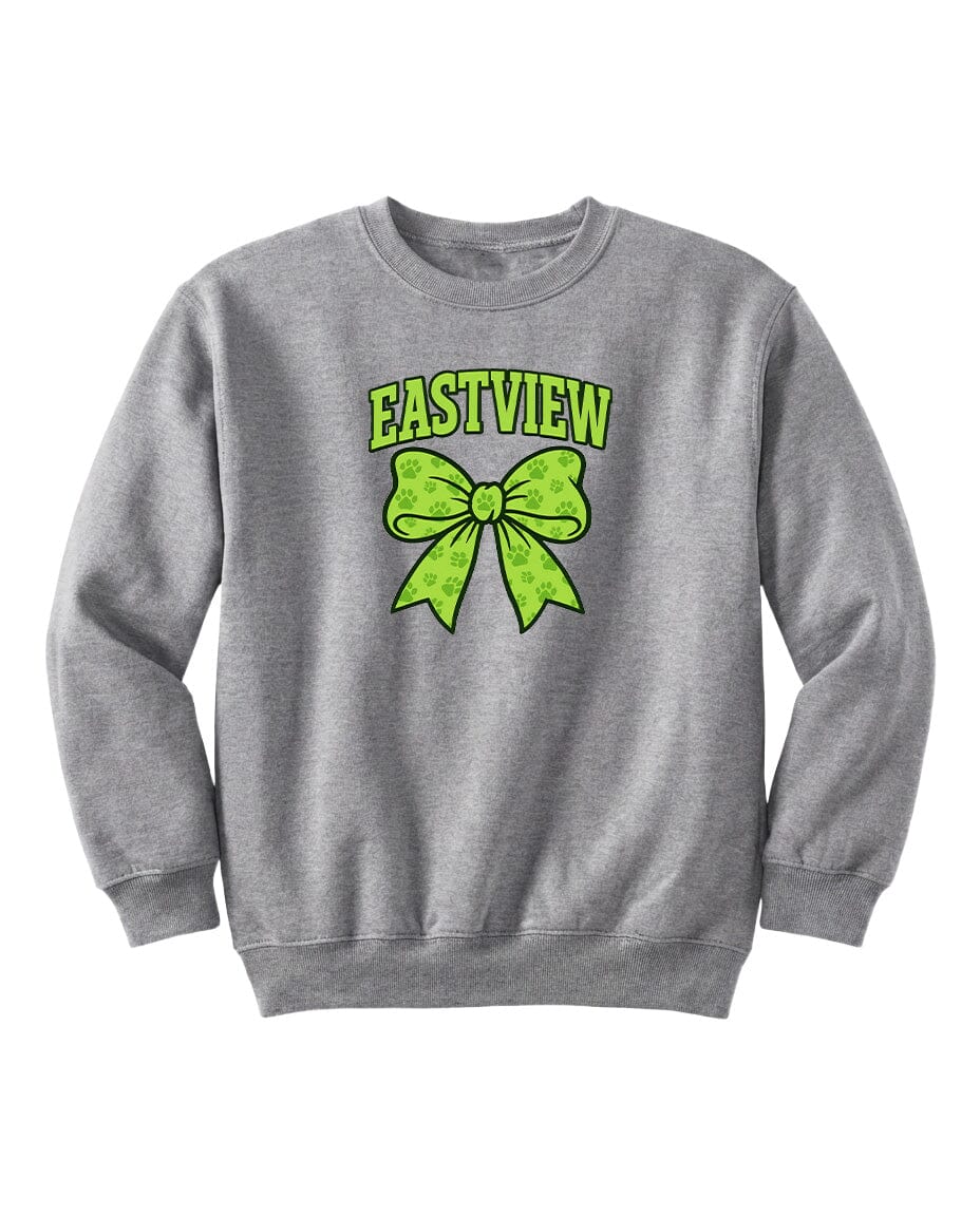A gray sweatshirt with a green bow and the text "EASTVIEW" printed on it.