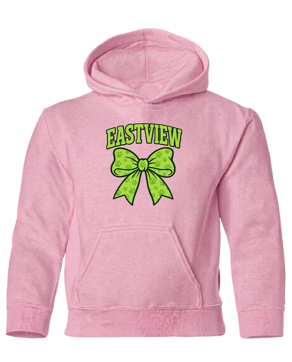 A pink hoodie with a green bow and the word "EASTVIEW" printed on it.