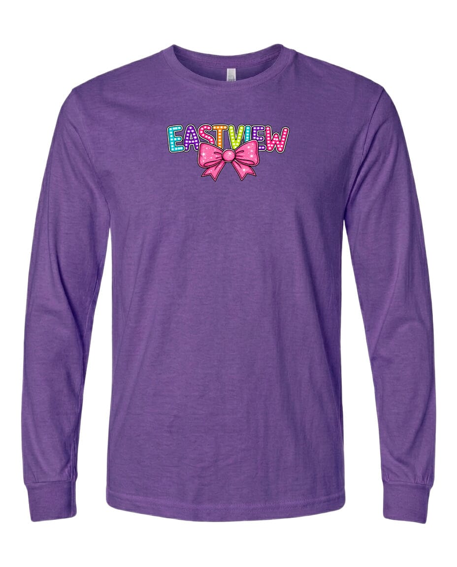 A purple long-sleeved t-shirt with the text "EASTVIEW" and a bow graphic printed on it.