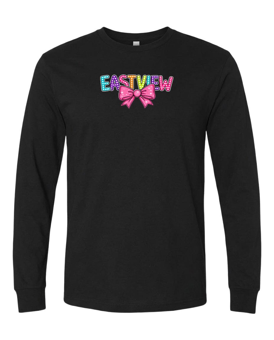 A black long-sleeved t-shirt with the word "EASTVIEW" printed on it in colorful letters.
