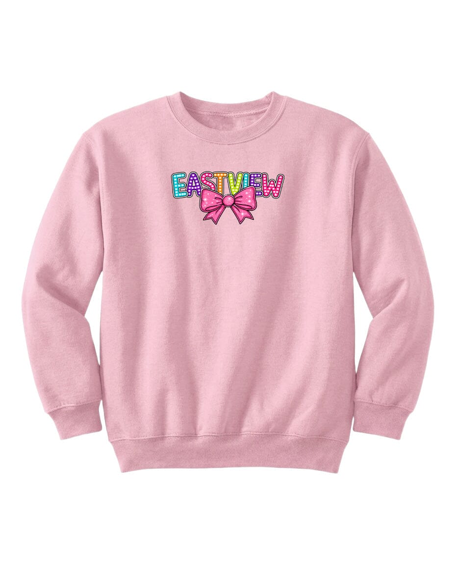 A pink sweatshirt with the word "EASTVIEW" printed on it, along with a bow.