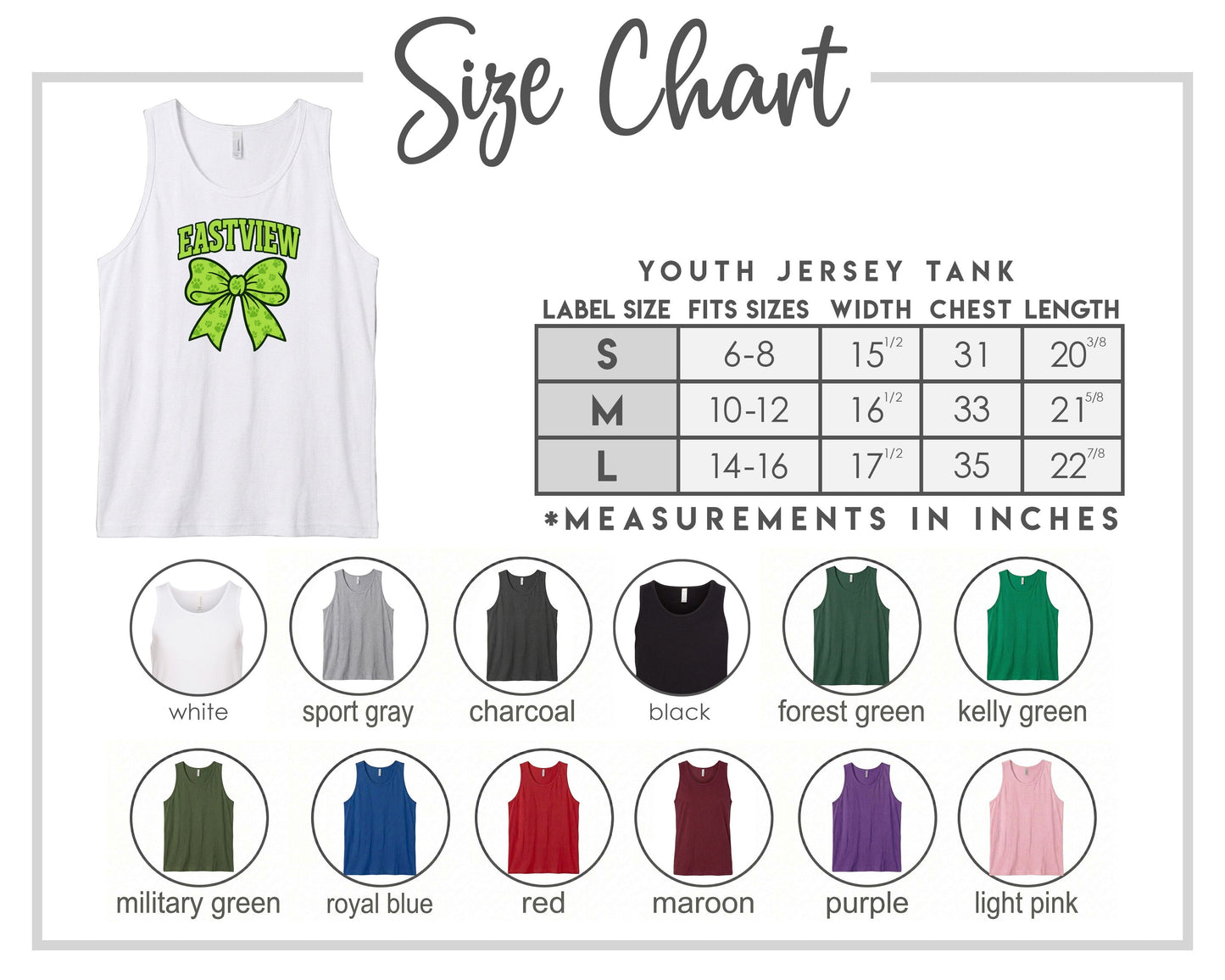 The image is a size chart for a youth jersey tank top, displaying various color options and corresponding measurements in inches.