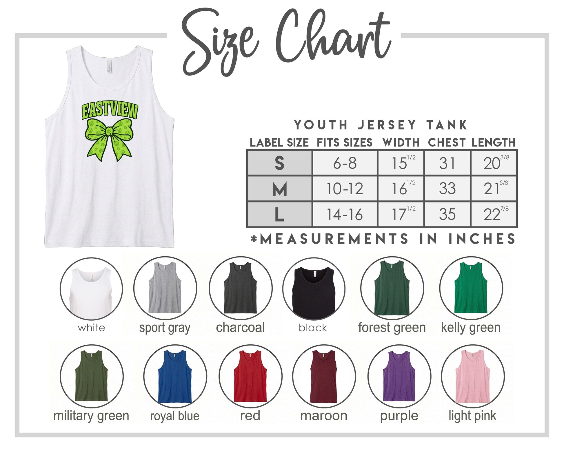 The image is a size chart for a youth jersey tank top, displaying various color options and corresponding measurements in inches.