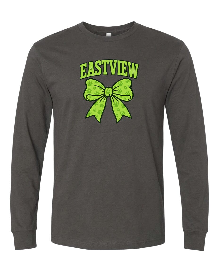 A gray long-sleeved t-shirt with a green bow and the text "EASTVIEW" printed on it.