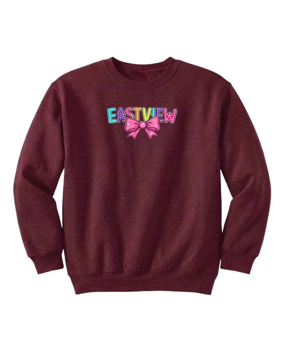 A burgundy-colored sweatshirt with the word "EASTVIEW" printed on it in a colorful, stylized font.
