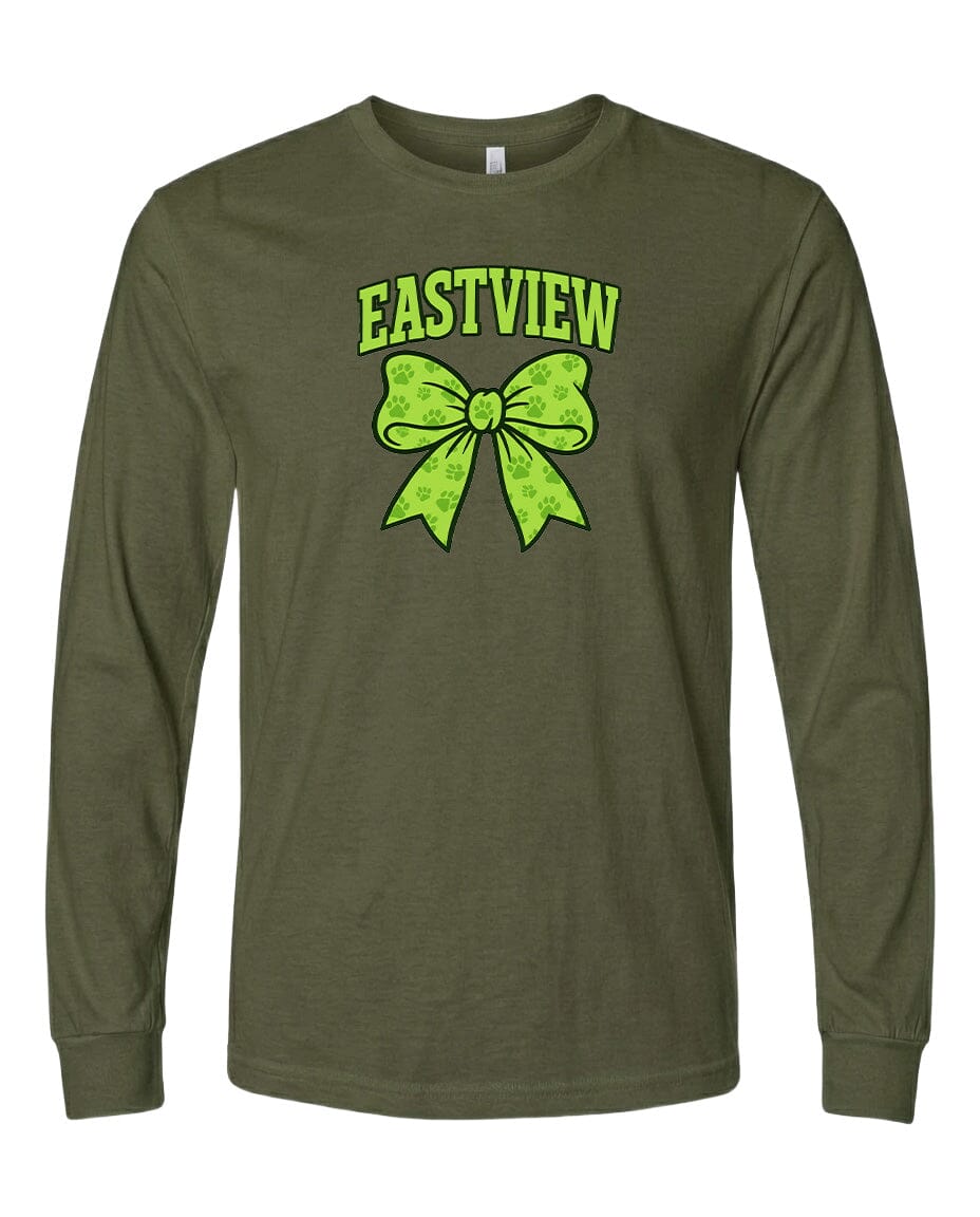 A long-sleeved olive green t-shirt with a graphic design featuring a green bow and the text "EASTVIEW" printed on it.