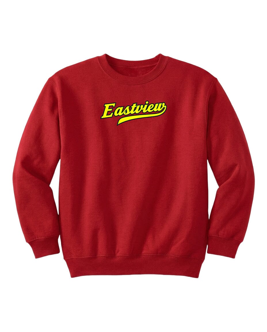 A red sweatshirt with the word "Eastview" printed in yellow on the front.
