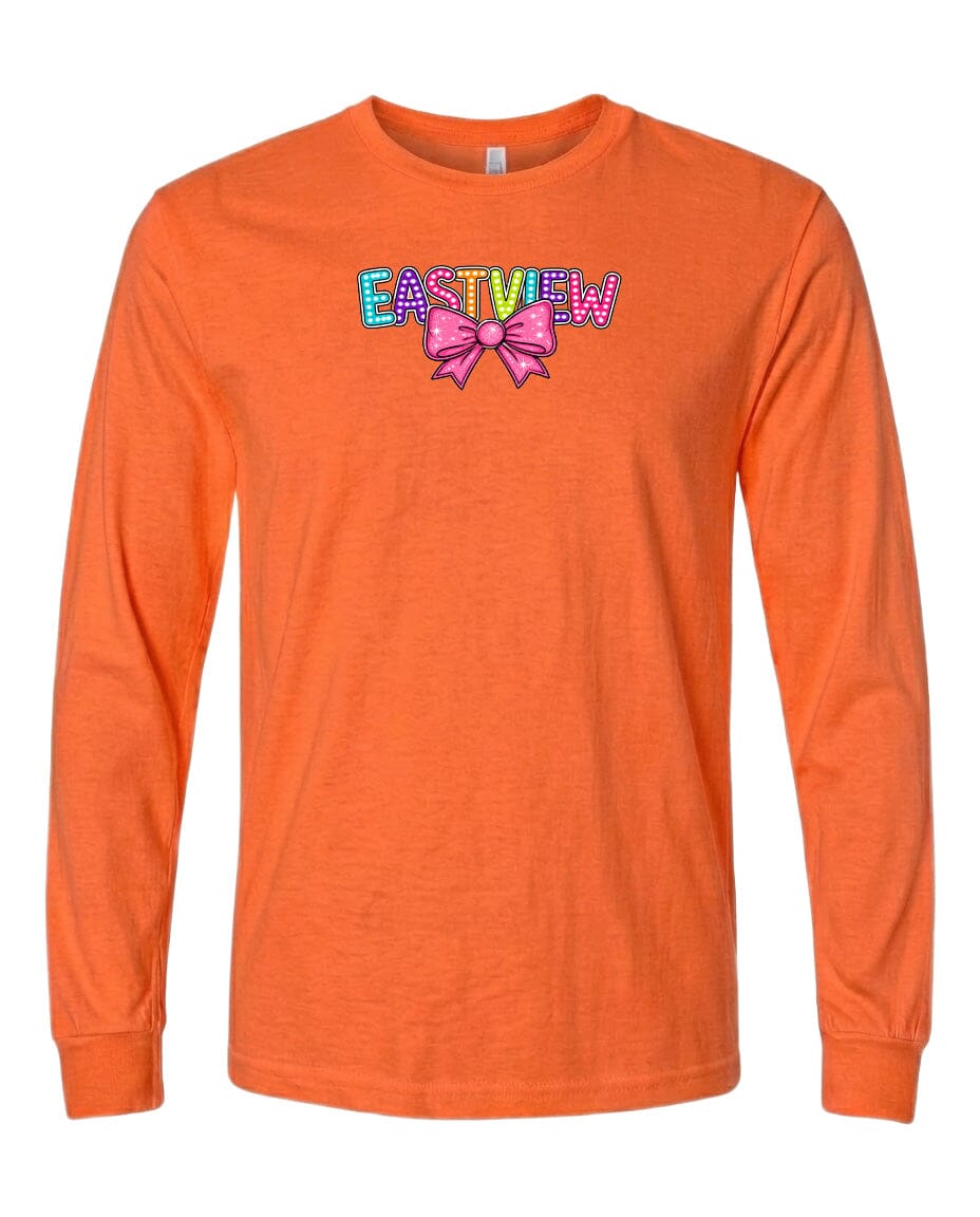 An orange long-sleeved t-shirt with the text "EASTVIEW" printed on it.