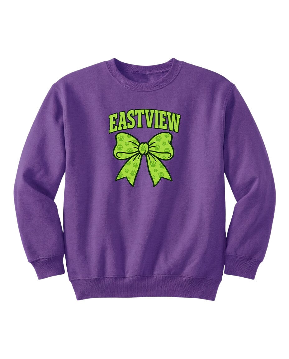 A purple sweatshirt with a green bow and the text "EASTVIEW" printed on it.
