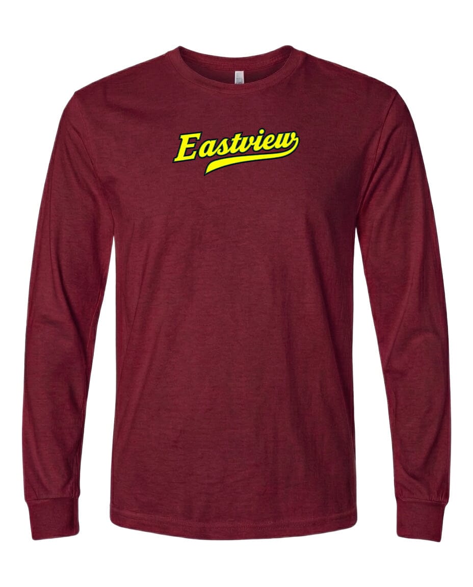 A maroon long-sleeve t-shirt with the text "Eastview" printed in yellow on the front.