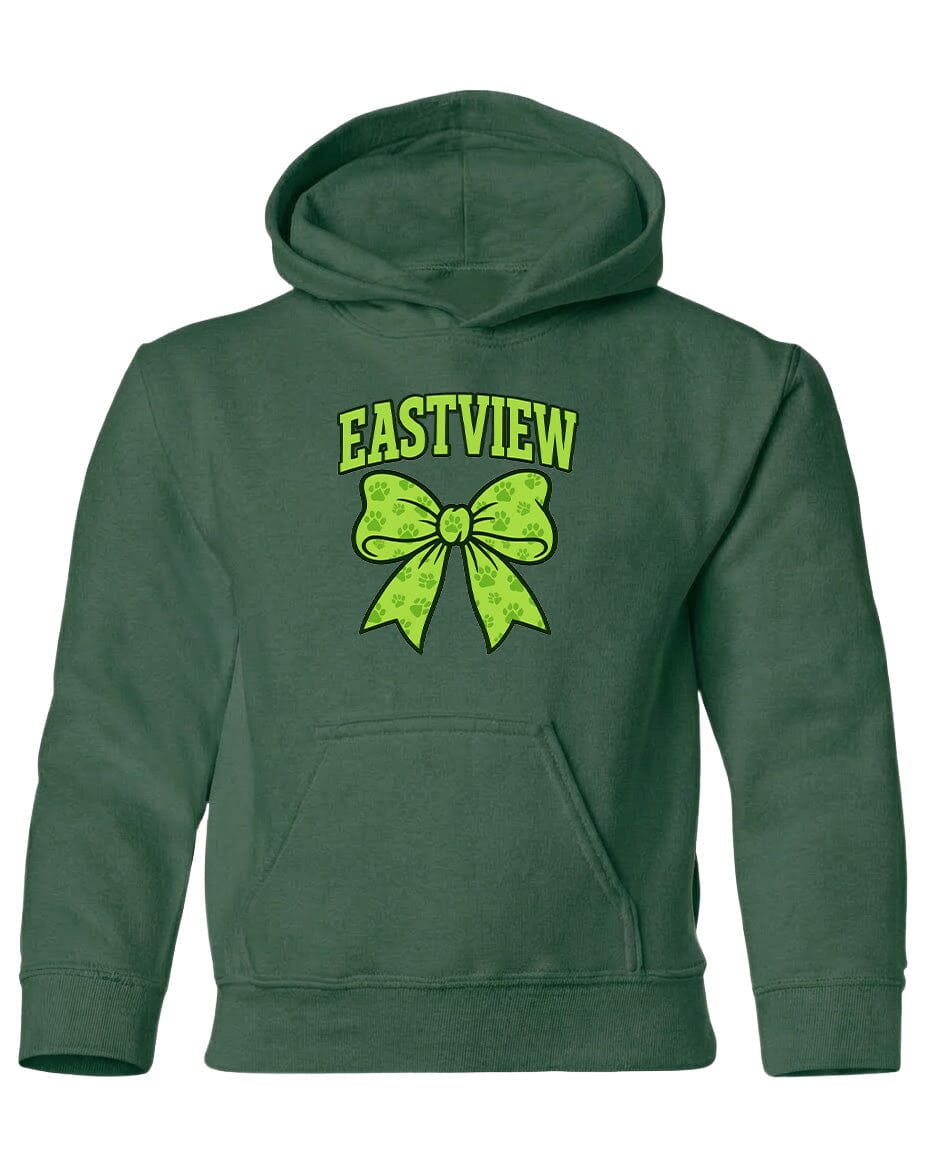A green hoodie with a yellow bow and the text "EASTVIEW" printed on it.