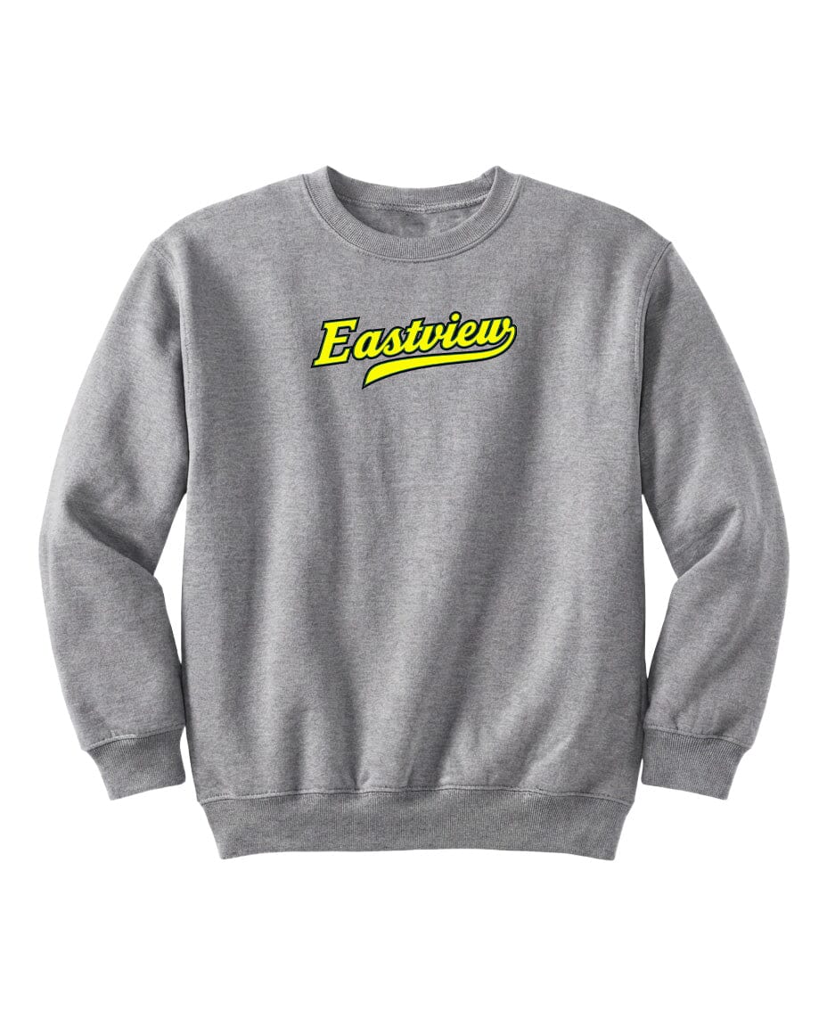 A gray sweatshirt with the word "Eastview" printed in yellow on the front.