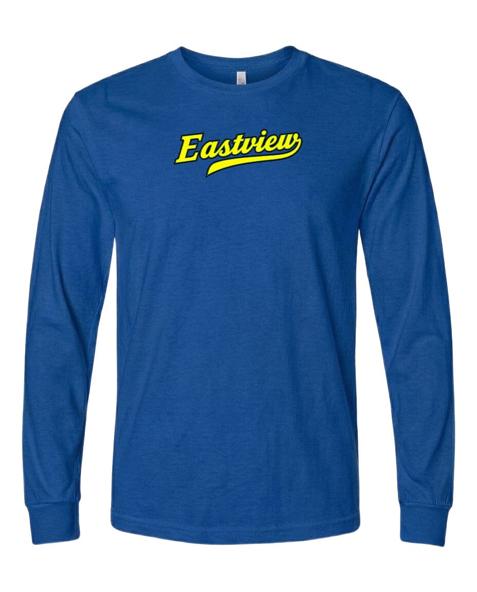 A blue long-sleeved t-shirt with the word "Eastview" printed in yellow on the front.