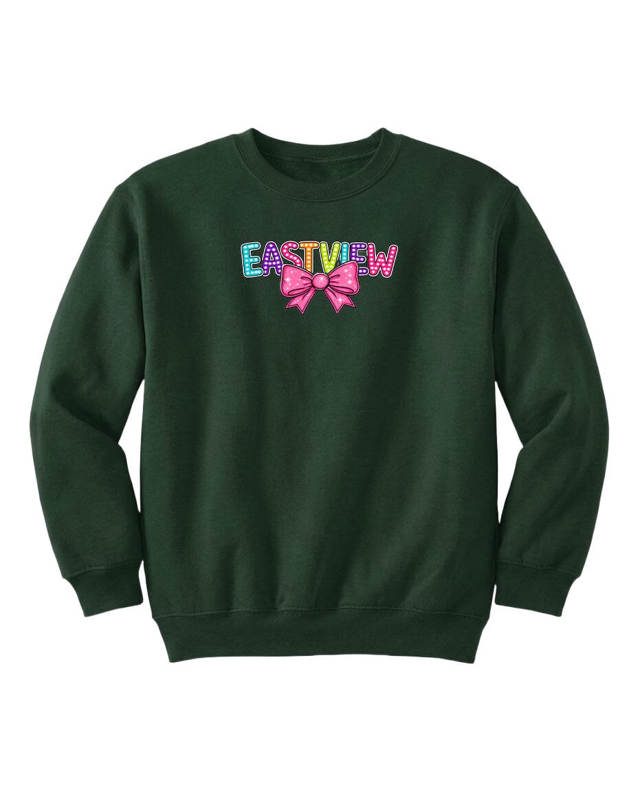 A dark green sweatshirt with the word "EASTVIEW" printed on it in colorful letters.