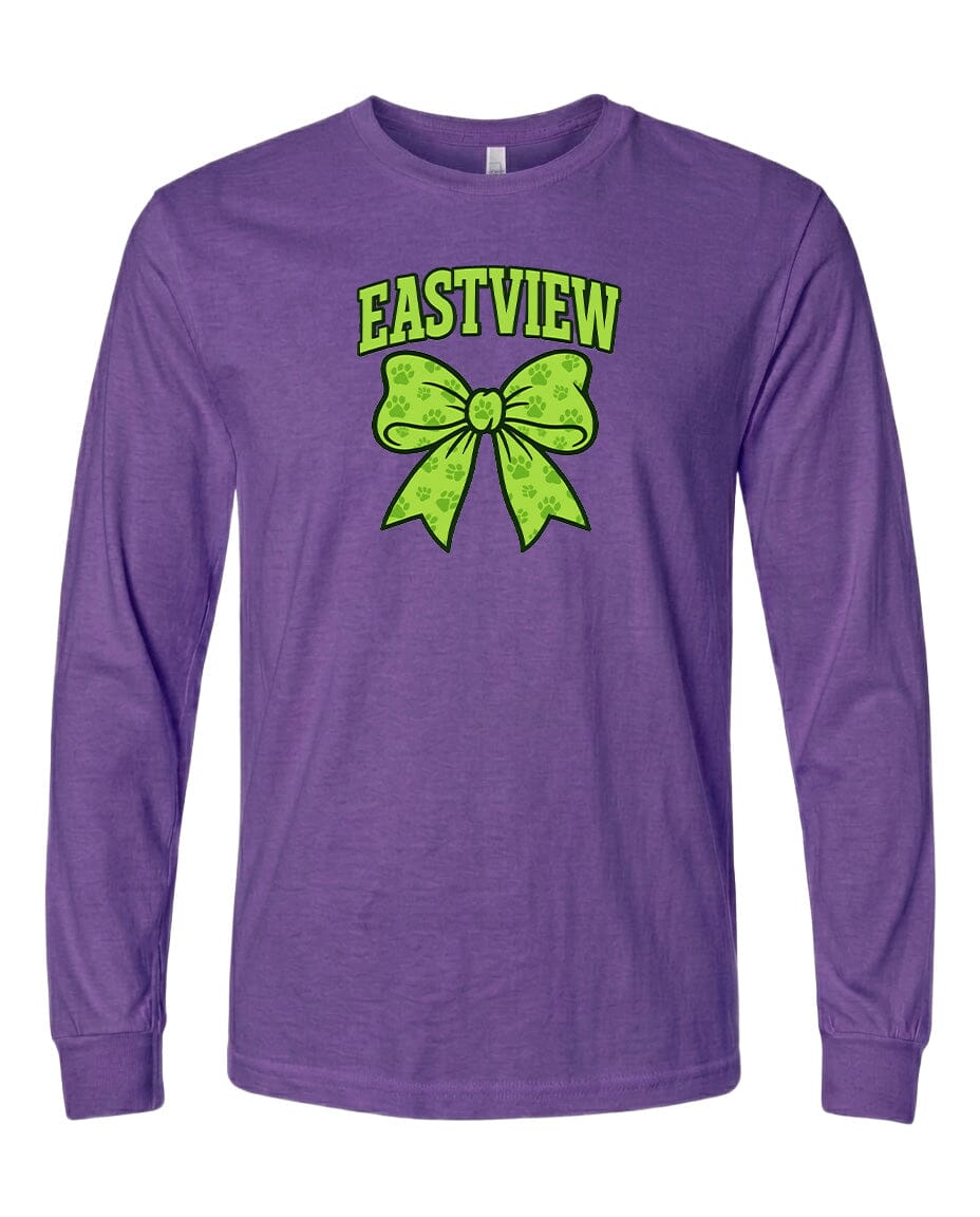 A purple long-sleeved t-shirt with a graphic design featuring a green bow and the text "EASTVIEW" printed on it.