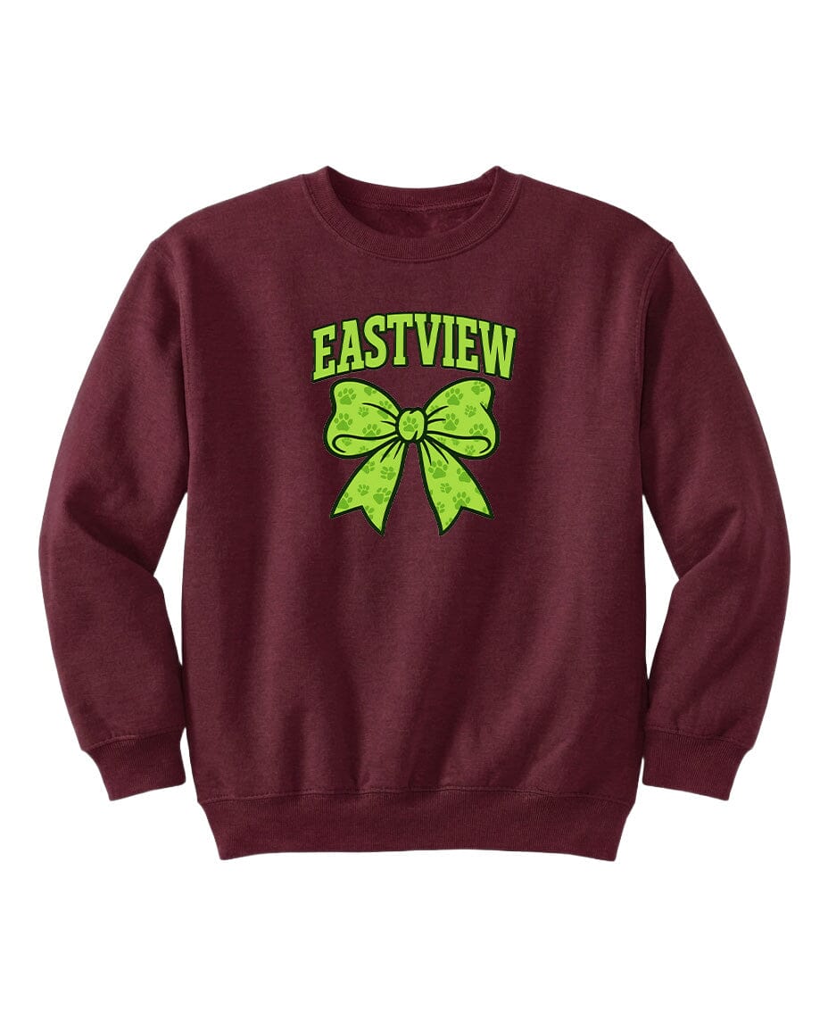 A burgundy sweatshirt with a green bow and the text "EASTVIEW" printed on it.