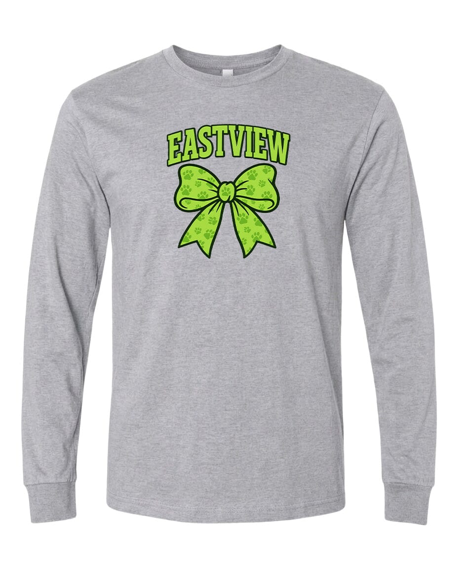 A gray long-sleeved t-shirt with a green bow and the text "EASTVIEW" printed on it.