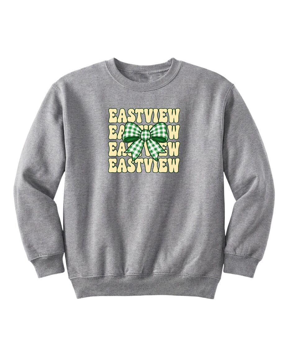 A gray sweatshirt with a graphic design featuring the text "EASTVIEW" repeated in a pattern, along with a green bow.