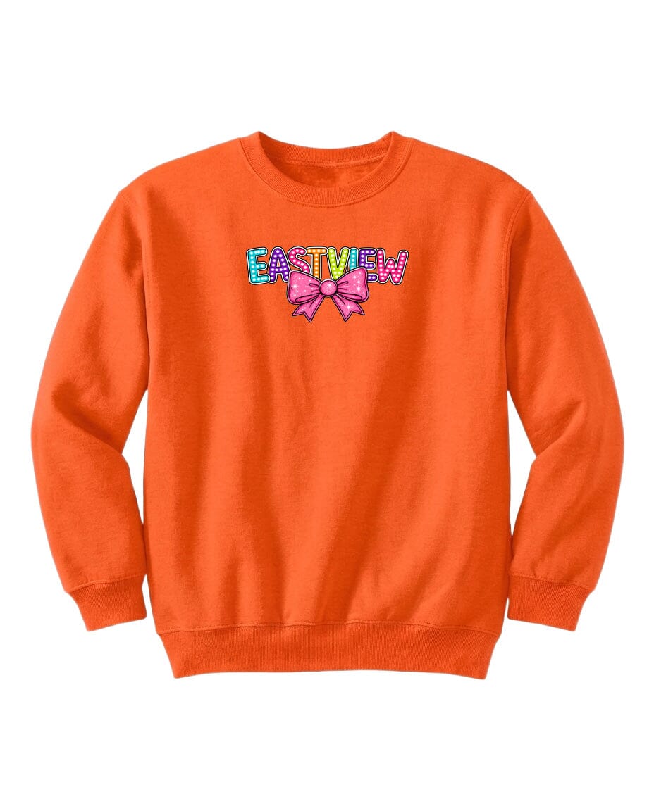 An orange sweatshirt with the word "EASTVIEW" printed on it, along with a bow design.