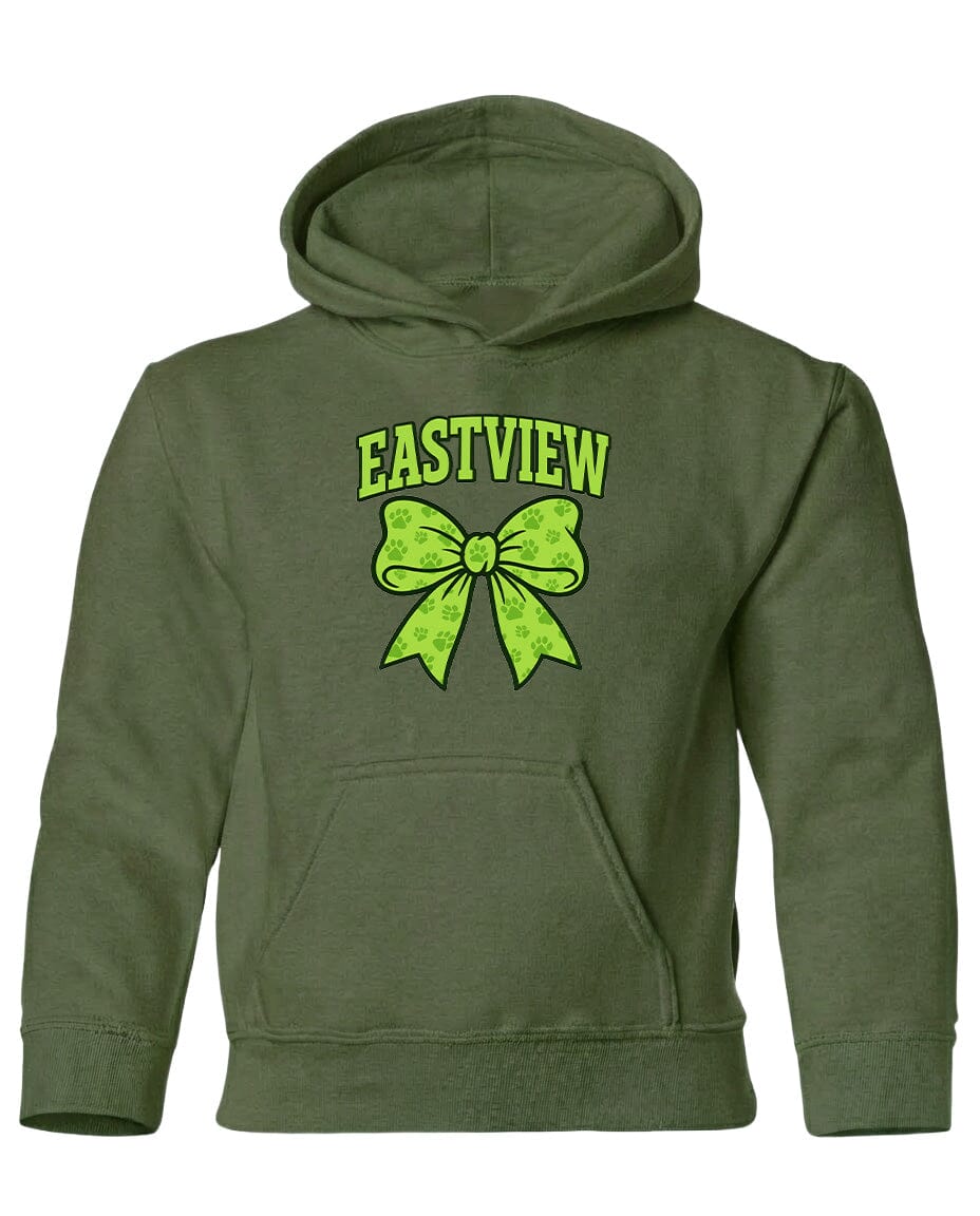A green hoodie with a large green bow on the front and the word "EASTVIEW" printed on it.