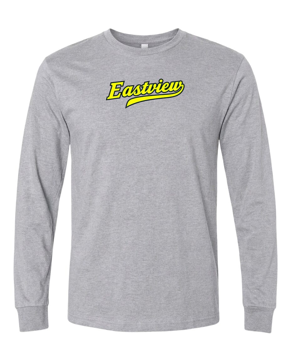 A gray long-sleeved t-shirt with a yellow text logo on the front.