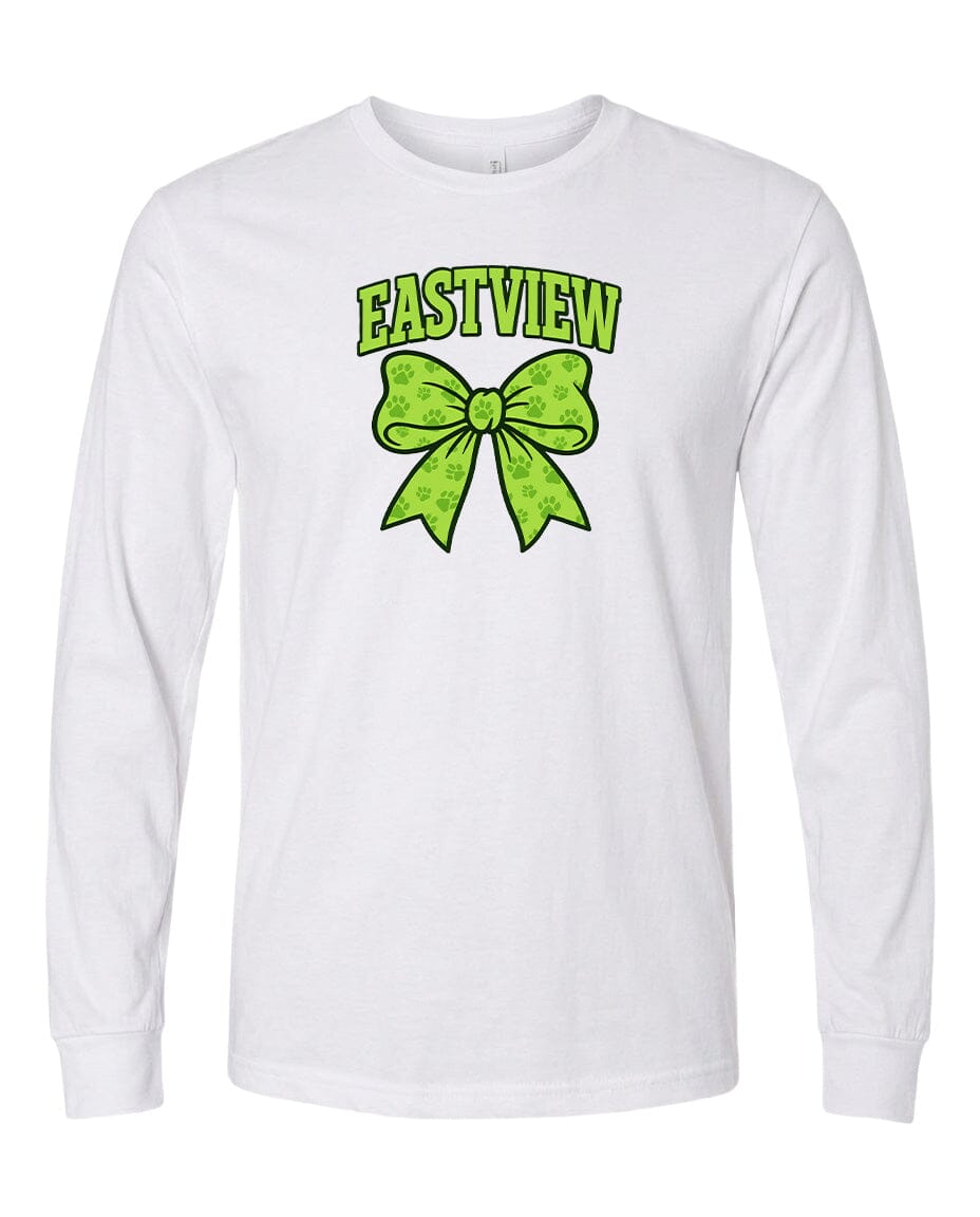 A white long-sleeved t-shirt with a green bow and the text "EASTVIEW" printed on it.
