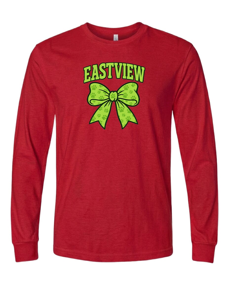 A red long-sleeved t-shirt with a green bow and the text "EASTVIEW" printed on it.