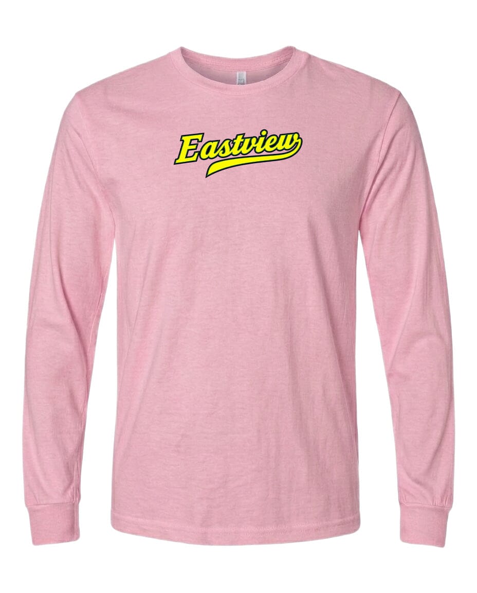 A pink long-sleeved t-shirt with the text "Eastview" printed on it in yellow.