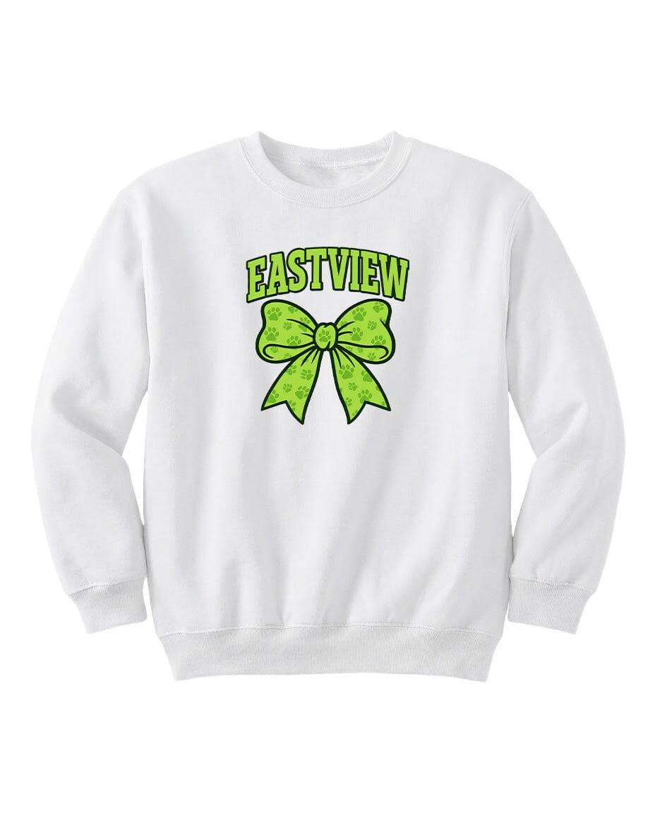 A white sweatshirt with a green bow and the text "EASTVIEW" printed on it.