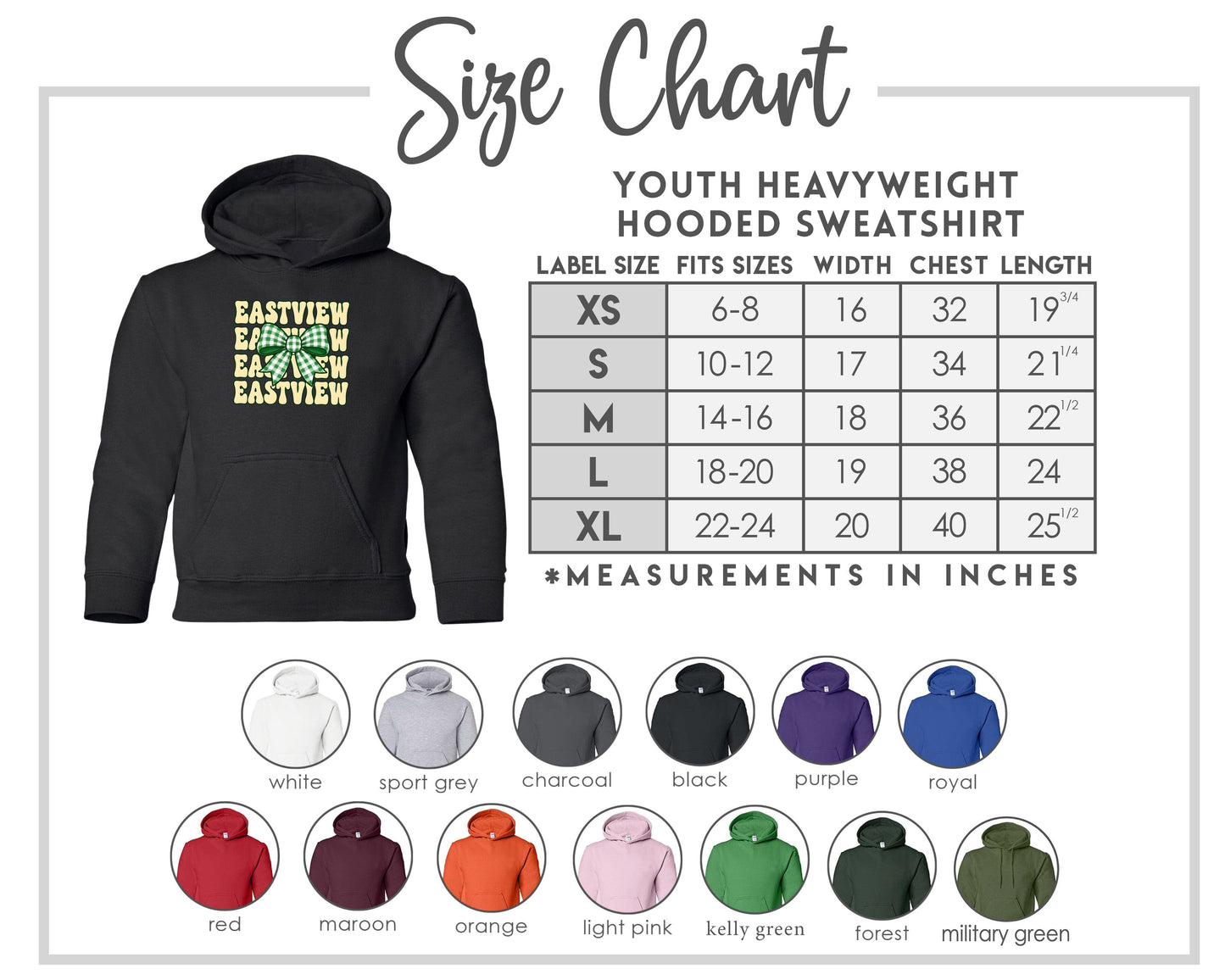 The image is a size chart for a youth heavyweight hooded sweatshirt, including various color options and corresponding measurements in inches.