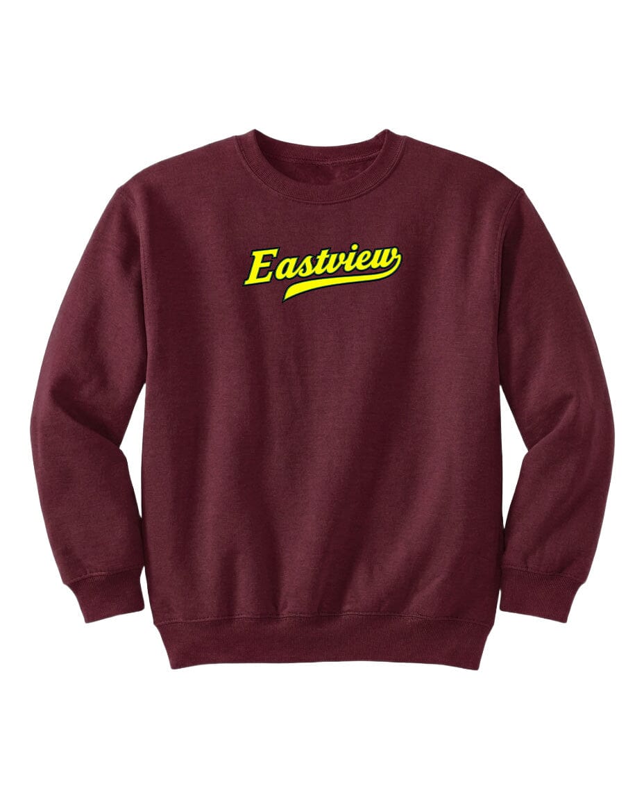 A burgundy-colored sweatshirt with the word "Eastview" printed in yellow on the front.