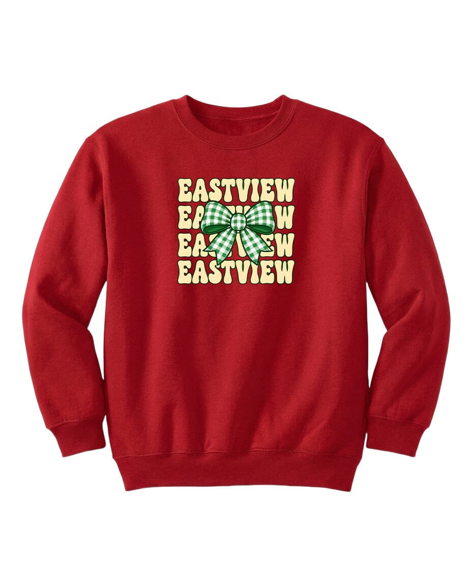 A red sweatshirt with a green bow and the text "EASTVIEW" printed on it.