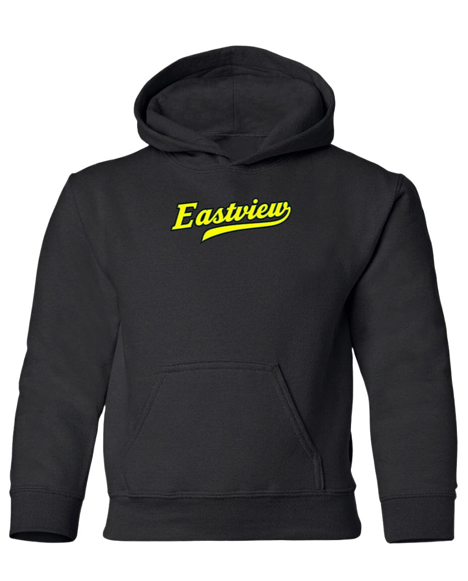 A black hooded sweatshirt with the word "Eastview" printed in yellow on the front.
