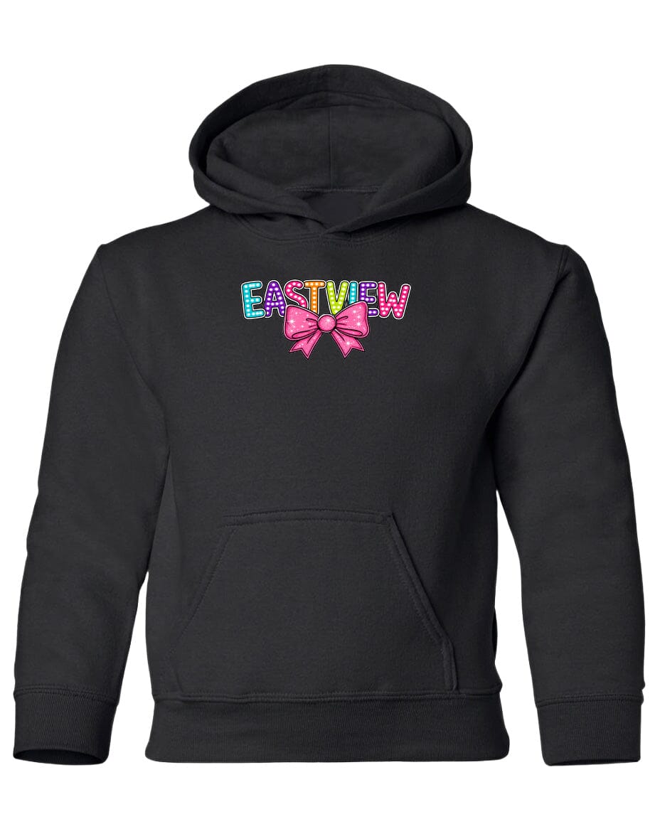 A black hoodie with the word 'EASTVIEW' printed on it in colorful letters.