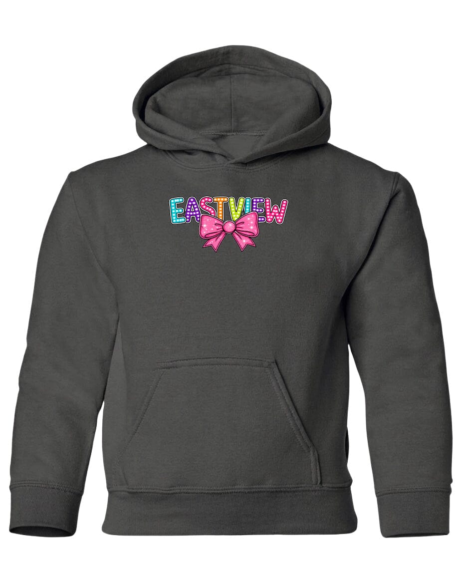 A gray hoodie with the word "EASTVIEW" printed on it, along with a bow design.