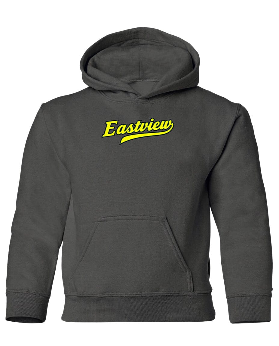 A gray hooded sweatshirt with the word "Eastview" printed in yellow on the front.