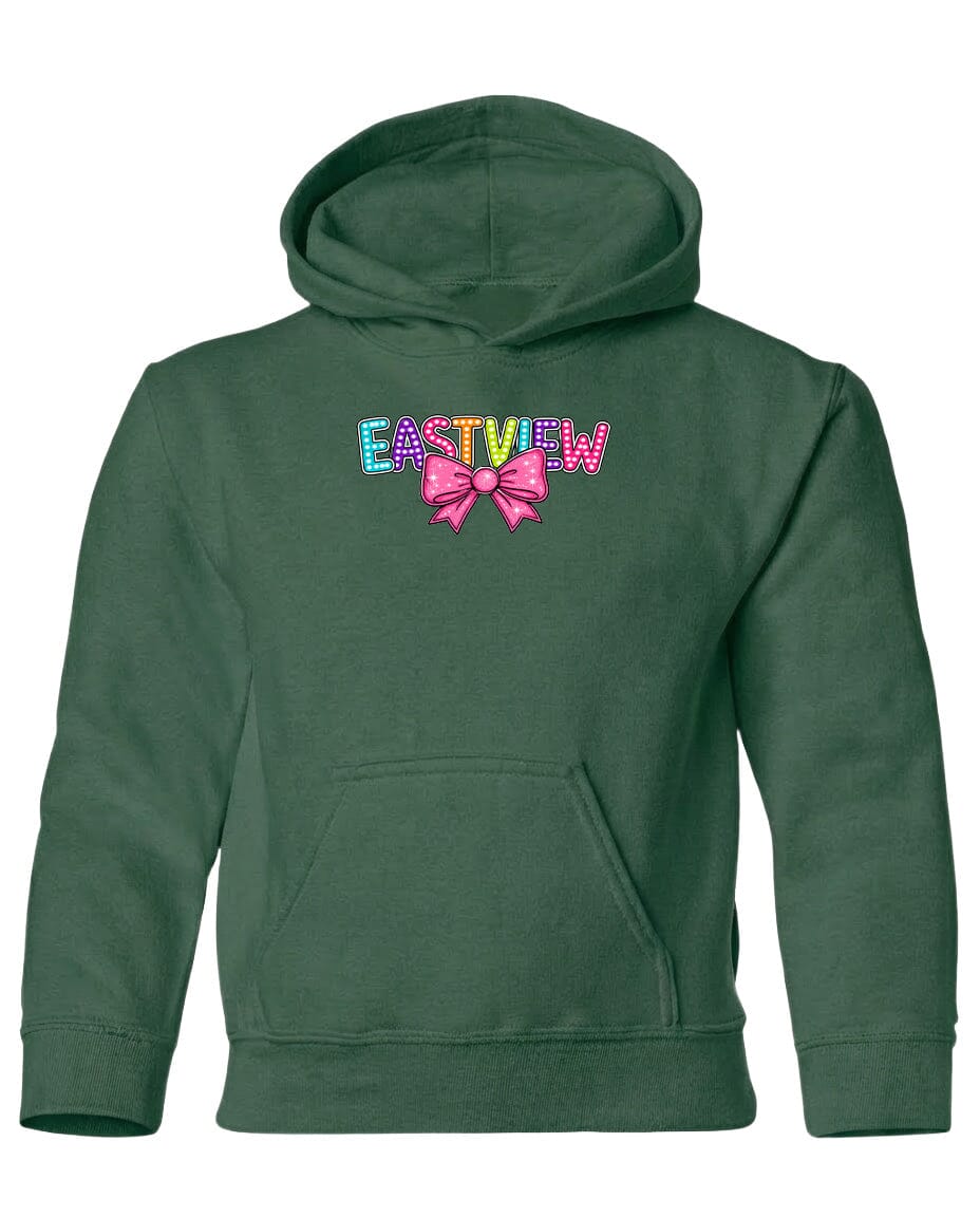 A green hoodie with a colorful bow on the front.