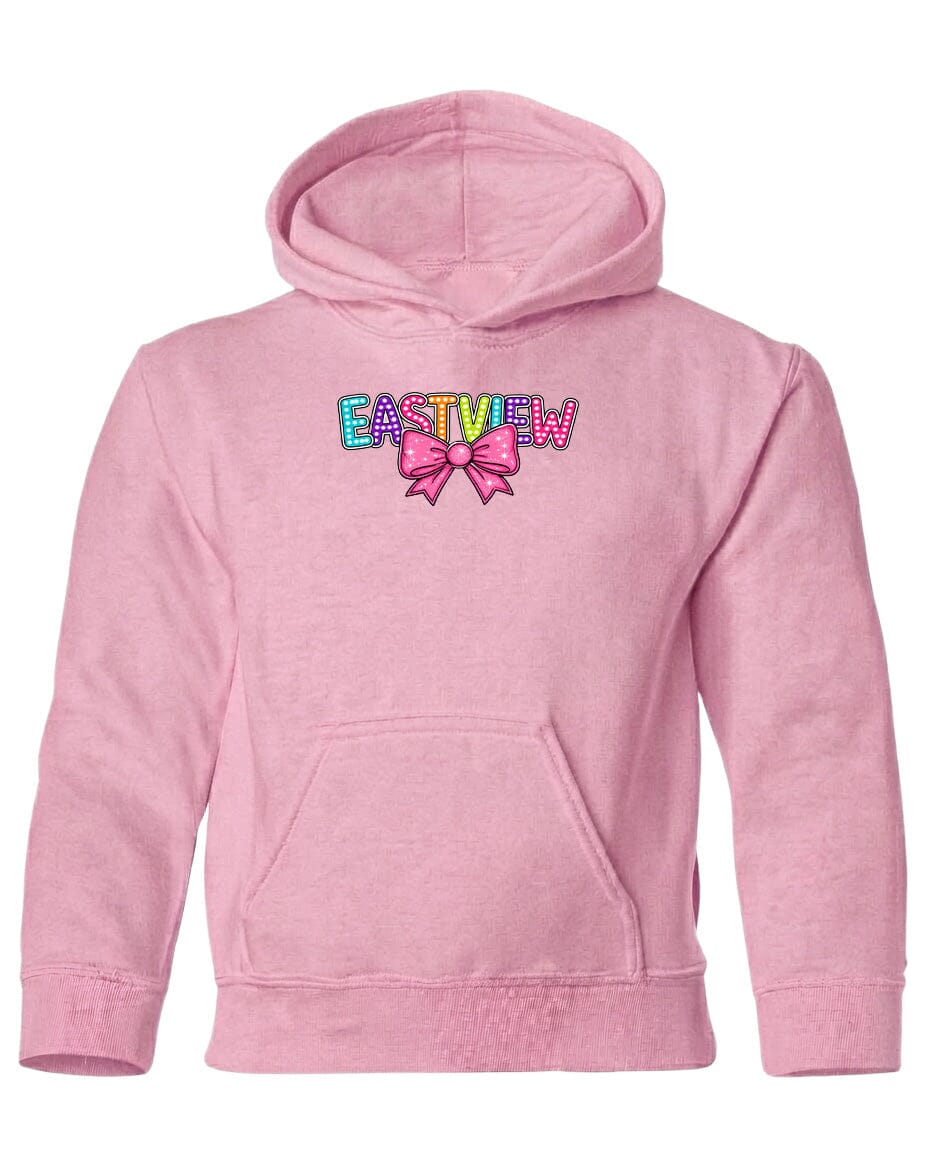 A pink hoodie with a colorful bow and the word "EASTVIEW" printed on it.